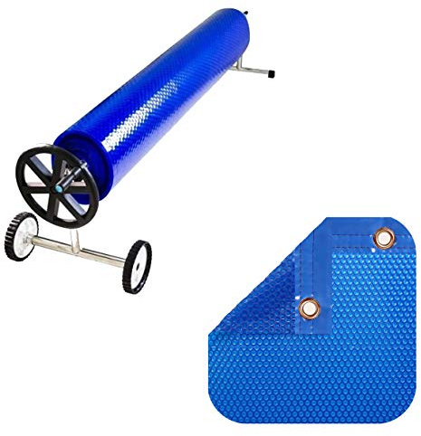 International Pool Protection Pack Solarplane 600 Mikron Geo Bubble mit umlaufender Verstärkung + Aufroller mit Teleskopstange 81 mm. 7 x 4m.