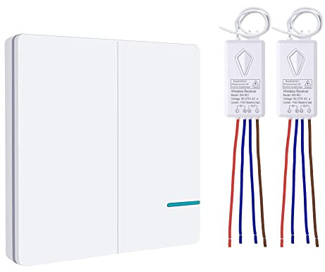 Thinkbee Wireless Light Switch for Light - 230V 2-Channel RF ON/Off Wall Switch with Small Receiver, IP66 Waterproof Remote Control for Lights Up to 1700ft Range, Integrated Up to 1000W