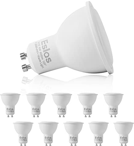 Eslas GU10 LED Bulbs, Warm White 3000K, 6W 600LM, 60W Equivalent, 10 Pack | 120 Degree Beam, Not-dimmable, Spotlight Bulb for Ceiling, Recesses and Track Lighting