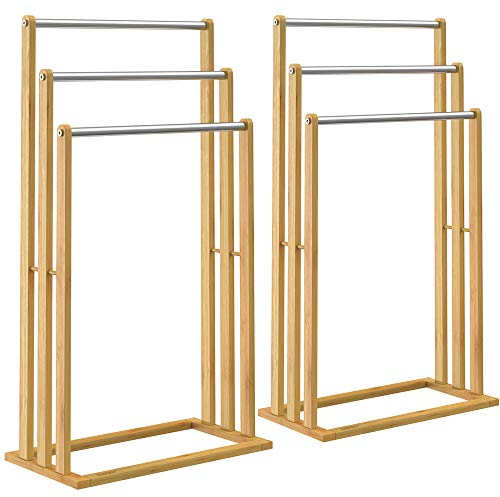 CASARIA® Set de 2 Toalleros de Pie Madera de Bambú 3 Barras de Acero Inoxidable 84x46x24cm Sin Taladrar