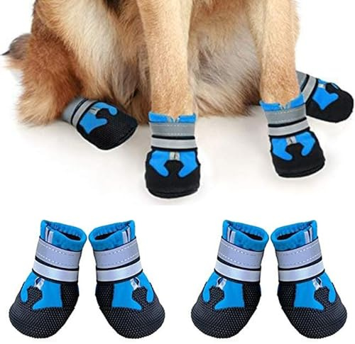 iPobie 4 pezzi Scarpe per Cani,Scarpette Antiscivolo per Cani Calzatura Traspirante(S,Blu)