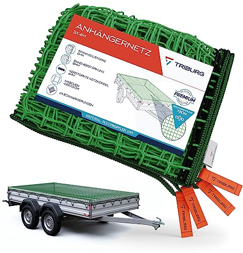 TRIBURG Filet pour remorque 3x4 avec marquage des Angles et renforcement des Bords - Filet pour remorque avec élastique de Tension pour Une sécurisation optimale du Chargement