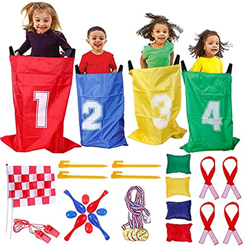 GOLDGE Jeux Exterieur Enfant, Course de Sac, Course À 3 Pattes, Jeux Anniversaire Exterieur, Course Aux Oeufs-avec Médaille, 32PCS 4-in-1 Ensemble de Sports Day Jeux, Fête Jeux pour Enfants Adultes