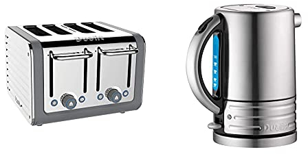 Dualit Architect 4 Slice Toaster | Stainless Steel with Grey Trim|Extra-Wide Slots–Peek and Pop Function & Architect Kettle | 1.5 L 2.3 KW Stainless Steel Kettle with Brushed Finish