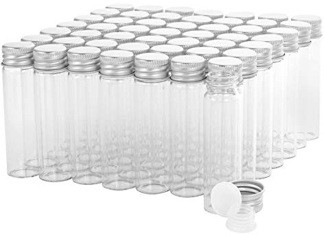 20ml Glasfläschchen mit Schraubverschluss und Kunststoffstopfen, Transparent Kleine Glasflaschen Auslaufsichere Glas Fläschchen für Flüssigkeit Pulver Proben und kleinen Gegenständen, 50 Stück