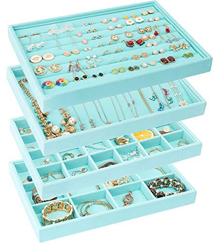 UIUIX Stapelbare Samt-Schmucktabletts für Schublade, Samt-Schmuckaufbewahrung, Display-Tabletts für Ohrringe, Halsketten, Armbänder, Ringe, 4 Stück (blau)