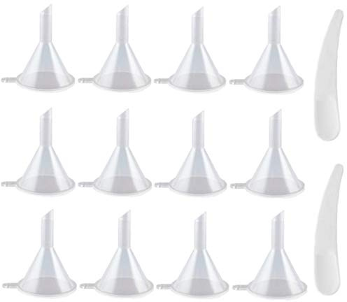 Mini Kunststoff Trichter Transparent, 12 Stück Klein Trichter with Two Halbmondlöffel zum Abfüllen von E-Liquids Aromen Farben Nagellack Parfüm Öle sowie andere Flüssigkeiten