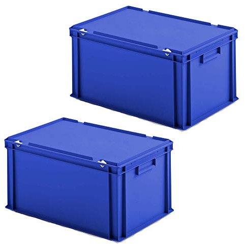 Lot de 2 boîtes Euro avec couvercle à charnière - 600 x 400 x 330 mm - En polypropylène - Qualité alimentaire - Bleu