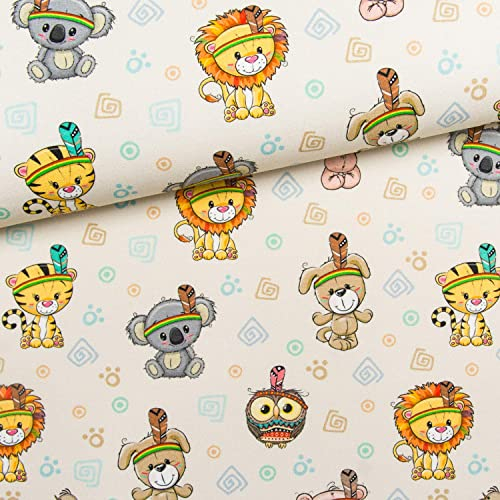 100x150cm Stoffe für Kinder mit Tiere – Wildtiere Baumwollstoffe zum Nähen - Kinderstoffe aus 100% Baumwolle für Jungen und Mädchen - Indianer Löwe Tiger Hund Eule - keine Meterware
