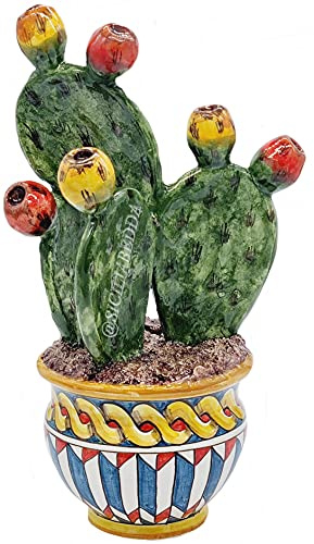 Sicilia Bedda - Vaso Ficodindia Siciliano in Ceramica di Caltagirone - Pregiato ed Elegante complemento d'Arredo (Altezza 34 Centimetri, Vaso Tondo)
