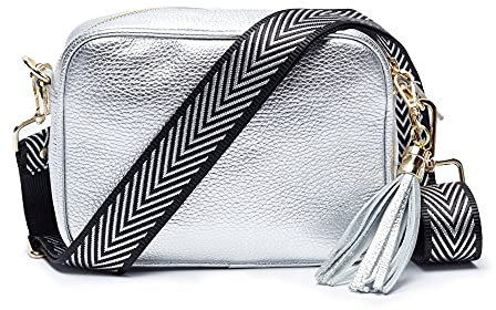 Elie Beaumont Ledertasche Echtleder in Silber mit abnehmbaren Lederriemen und zusätlichem Tragegurt zum Umhängen, 20 x 15 x 7 cm