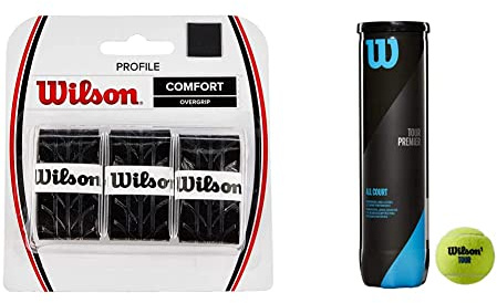 Wilson Overgrip Griffband, Profile Overgrip, 3 Stück, schwarz, WRZ4025BK & Tennisbälle Tour Premier für alle Beläge, gelb, 4er Dose, WRT119400