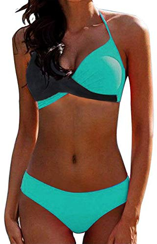 CheChury Damen Bademode Push Up Bikini Set Zweiteilige Badeanzug Strandkleidung Crossover Neckholder Triangel Oberteil Bikinihose Sexy Halter,Türkis,XL,46-48
