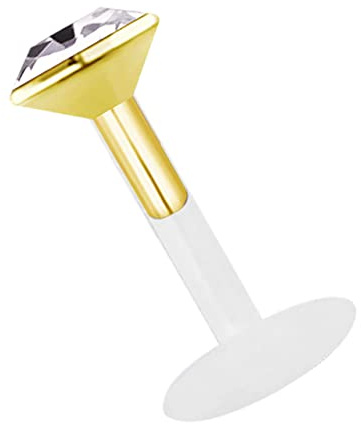 Teflon Labret Stecksystem 1,2 mm mit gefasstem Stein, vergoldet