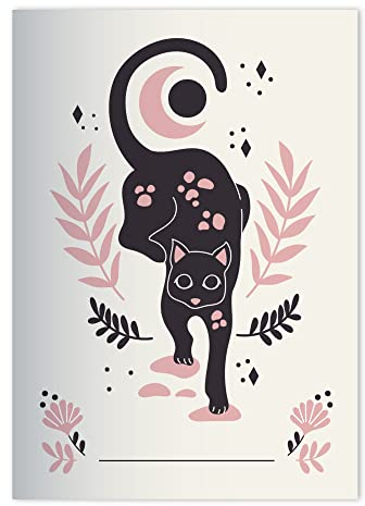 Kartenkaufrausch 16x Trend Designer DIN A4 Schulheft, Schreibhefte mit schwarzer Katze und Eule in Rosa Lineatur 27 (liniertes Heft)