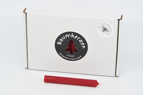 Premium Baumkerzen 12 Stück aus 100% Bienenwachs farbig mit edler rillen Prägung Christbaumkerzen (Rot)