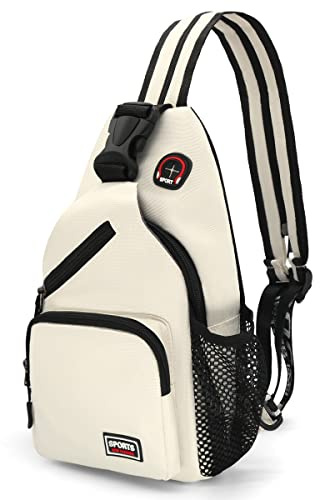 HNOOM Sling Bag Damen Klein Rucksack mit Kopfhörerloch Brusttasche Damen Oxford-Stoff Crossbody Bag Damen Casual Daypack mit Verstellbarem Schultergurt für Outdoorsport, Reisen, Einkaufen (Weiß-L)