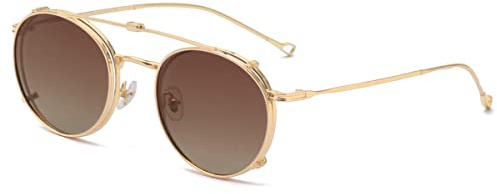 kachawoo Occhiali da sole rotondi polarizzati con clip Uomo UV400 Lente Occhiali da sole con clip Donna Montatura in metallo Occhiali da sole ribaltabili, Large