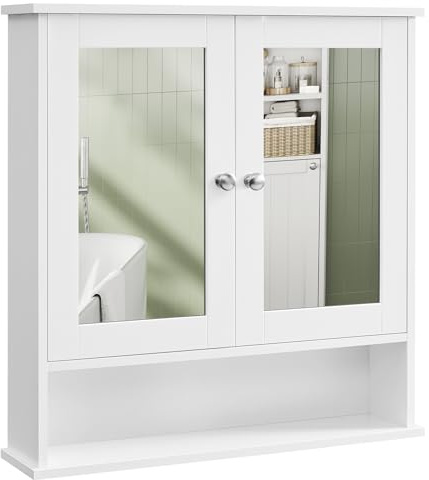 VASAGLE Armadio da Bagno, Specchiera, Mobile da Parete con 2 Ante a Specchio e Scomparto Aperto, Ripiano Regolabile, Montaggio a Parete, 15 x 65 x 75 cm, Bianco LHC012W01