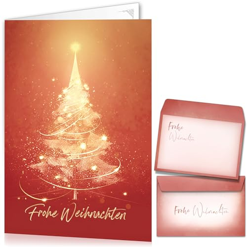 beriluDesign Weihnachtskarten mit Umschlägen 15er Set - Klappkarten mit Weihnachtsbaum-Motiv in Rot für die schönsten Weihnachtsgrüße