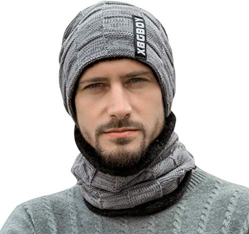 Wintermütze Winterschal Herren Männer Strickmütze Warme Beanie Slouch Winter Mütze und Schal mit Plüschfutter Winter-Set Mütze & Schal Weiche Strickschal Dicke Herrenmütze Herrenschal für Outdoor