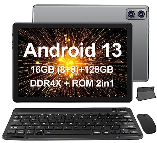 WOZIFAN Tablet 10 pollici Android Tablet PC 16GB RAM + 128GB ROM + TF 512GB Octa-Core 2.0 GHz, | 8000mAh | 1280 * 800 Pixel | 5MP + 13MP | 5G WiFi | Bluetooth5.0, Tablet con tastiera e mouse Grigio