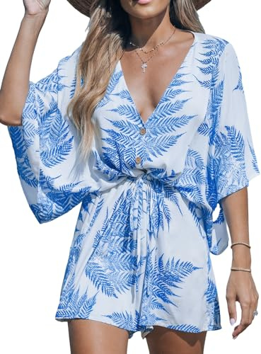 CUPSHE Damen Jumpsuit V-Ausschnitt Kurzarm Strampler Knöpfe Tropischer Druck Weites Bein Kurz Overall mit Gürtel Casual Lose Playsuit Weiß/Blau XL