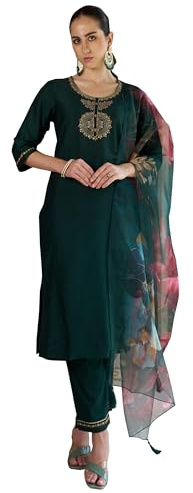 VredeVogel Women's Cotton Silk Embroidered Kurta with Pant & Organza Dupatta Set (Green_Medium)