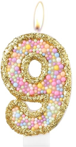 Velas de macaron para 9º cumpleaños, vela dorada con el número 9 para pastel, velas de perlas de color, decoraciones de cumpleaños temáticas de macarrón, decoración de pastel de cumpleaños para niñas