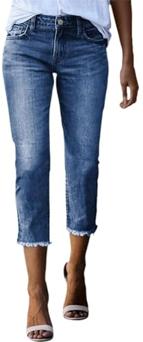 Jeanbyxor för kvinnor stretch hög midja 3/4 jeans dam slim fit tvättade denimbyxor bekväma denim byxor regular fit skinny jeans elastisk midja caprijeans korta jeans, blå, L