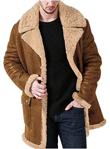 Mens Suede Leather Jacket Faux Fur Sherpa Fleece Lined Trucker Jacket Sheepskin Winter Trench Coat Warm Thick Outwear Fluffy Lapel Motorcycle Cargo Work Jacket Overcoat for Men UK Sale Clearance