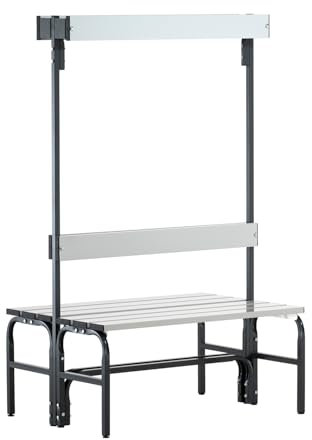 Sypro Umkleidebank für Nassräume mit Rückenlehne | Doppelseitig | Aluminium | 3 Längen | Sitzhöhe 45 cm | Höhe Hakenleiste 165 cm | Sehr guter Sitzkomfort | Edelstahlgestell