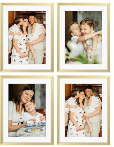 Golden State Art, 6x8 Metal Picture Frames with Mat for 5x7 Photo - Set of 4-6x8 Aluminum Photo Frame with Real Glass - Wall Decor or Tabletop Display - Modern Gold