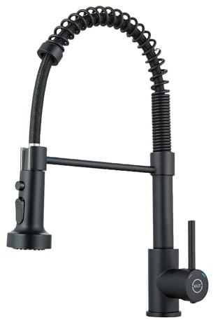 MILOT Kitchen Sink Mixer Tap, Spring Faucet with Pull Down Sprayer, 2 Spray Mode High Arc Swivel 360, Brass Single Lever Pull Out Kitchen Tap, Matte Black