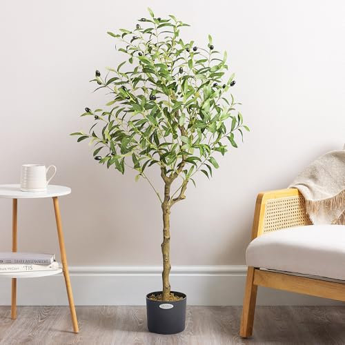 Christow Artificial Olive Tree, Indoor Outdoor House Plant Decoration, Faux Olives & Lifelike Feel-Real PEVA Leaves, Pre Potted in Weighted Faux Cement Pot for Living Room Bedroom Office (4ft/120cm)