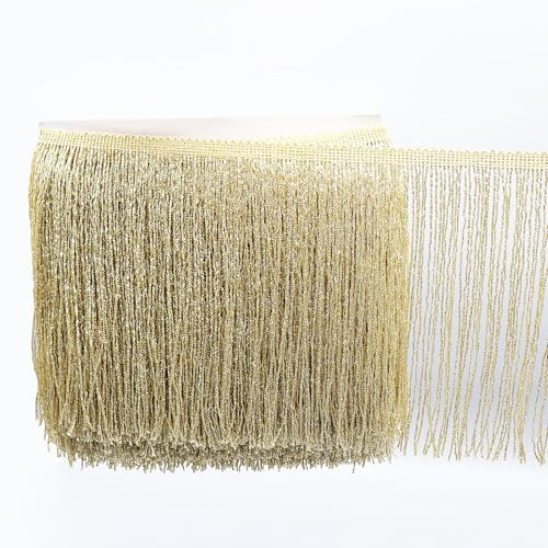 WANYI 10 Yards 20cm Breite Fransenborte Pailletten Fransen Quaste Seide Quastenborte Fransenbesatz Fransenband Tanzfransen Nähzubehör für Lateinisches Tanzkleid, Bühnenkleidung, Apparel(helles Gold)