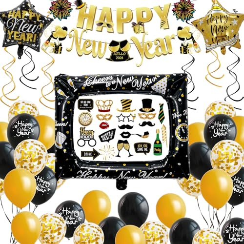Silvester Deko 2026 XXL Dekoration Set, Neujahr Deko 2026 Schwarz Gold, Happy New Year Girlande, Folienballons, Fotorequisiten, Konfetti Ballons, Neujahrsdeko Accessoire für Silvesterparty