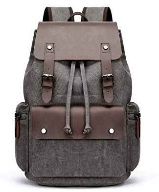 Rufun Leinwand Rucksack mit PU-Leder, Vintage-Stil, für Laptop, Schule und Reisen, Grau (Grau)