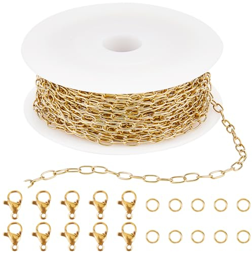 SUNNYCLUE 32.8 Feet/10M Stainless Steel Paperclip Chains Paper Clip Chain Roll with Lobster Clasps and Jump Rings 4.8mm Gold Oval Cable Chain for Jewellery Making Necklace Bracelets Pendants Crafts