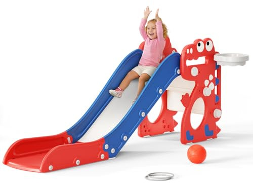 Krovtoy Kleinkinderrutsche, Kinderrutsche mit Basketballkorb, Aufbewahrungsbox und Kleinkinderklettergerüst, freistehende Rutsche für drinnen und draußen (Blauer und roter Dinosaurier-4-in-1)