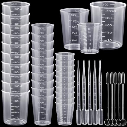 MirraSwit 30 Pcs Reusable Plastic Measuring Cups, 30ml/50ml/100ml Resin Mixing Cups, Epoxy Mixing Cups, with Drips and Rods for Kitchen Cooking Measure Tool