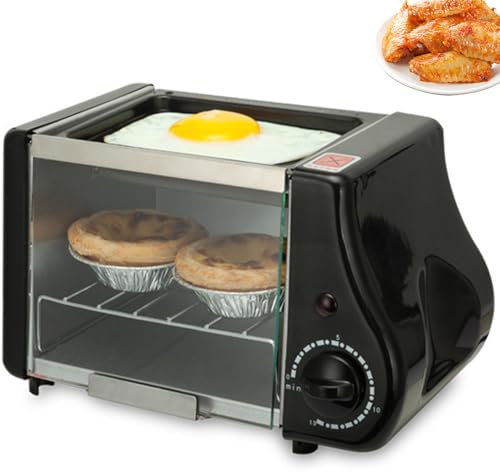 Mini Forno Elettrico, Piano Cottura Elettrico 2 in 1, con Funzione di Riscaldamento e Timer, Riscaldamento Uniforme, Forni da Tavolo da Cucina con Grill da 220 W per Arrostire, Cuocere al Forno Black