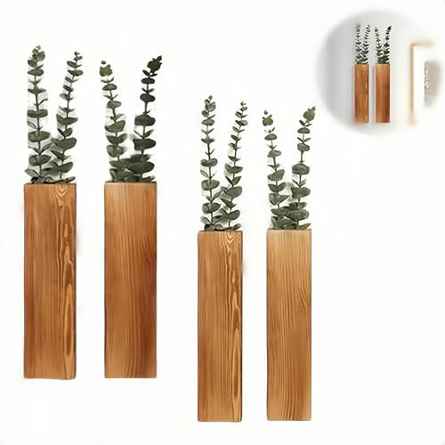 HJYDGJ 4 Stück Modernes Bauernhaus Wandvasen Holz Wand Pflanzer Vase Regale Klein Pflanzregal Moderne Holz Wand Dekor Holz Wand Deko Wand Holz Wanddekoration Wand Pflanzgefäße