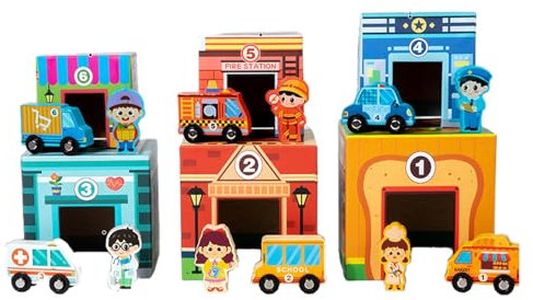 Ensemble De Jeu Éducatif De Ville, Jouets De Garage De Voiture en Bois, Blocs Empilables pour, Jeu De Rôle, Encourage L'apprentissage Précoce des STEM, pour, Garçons Et Filles