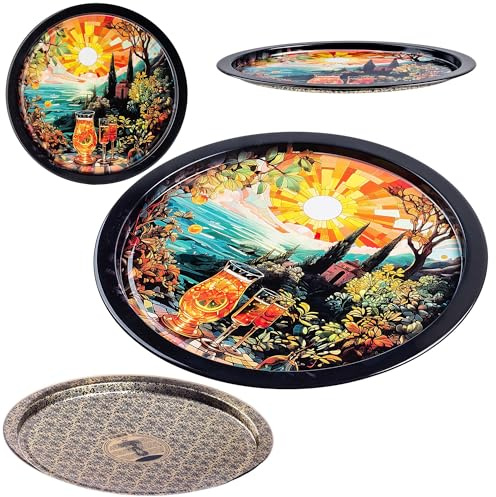 KADAX Bandeja de metal para servir de 32,5 cm de diámetro, bandeja redonda con borde elevado y diseño decorativo, plato decorativo redondo, bandeja metálica (sol)
