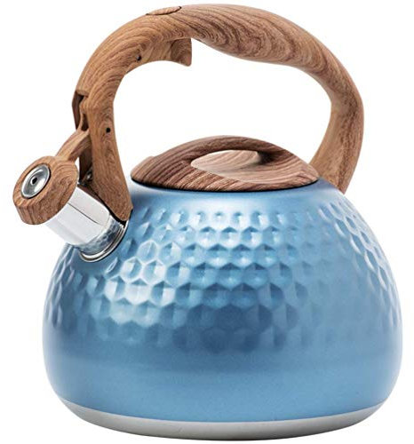 XWBLDBDFC Bouilloire sifflante de 3 litres, bouilloire à induction en acier inoxydable, avec poignée en bois résistante à la chaleur, pour plaques à induction à gaz, bleu