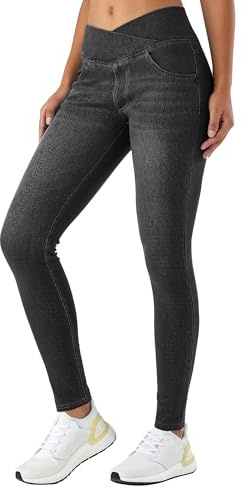 LaiEr Damen V Crossover Skinny Jeans Hohe Taille Bauchkontrolle Casual Fitness Leggings, Weich und elastisch Casual Faux Denim Print mit Seitentaschen(DarkGreyL)