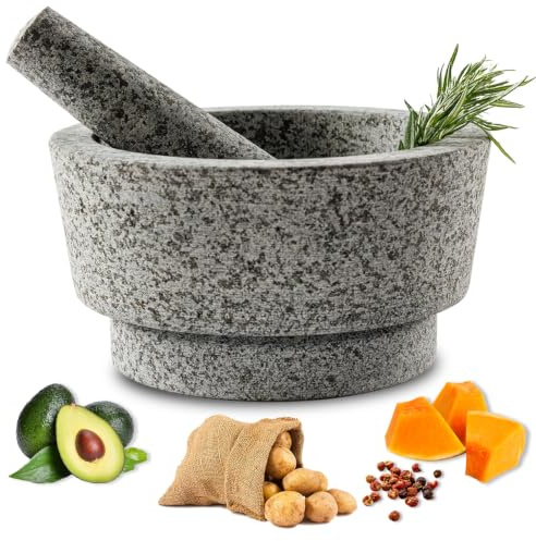 Mortar and Pestle - Unpolished Granite Bowl Grind Spices, Family Day Avocado Sauce Mortar and Pestle 7.1 Inch 5.5 Cup Molcajete Mexican Mortar Manual Stone Grinder