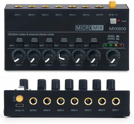 SHEHUALI Mesa de Mezclas de Audio, Mezclador de línea estéreo de Ruido ultrabajo de 4/6 Canales Mini Mezclador de Sonido Profesional Fuente de alimentación DC5V Mezclador de fácil operación(MIX400)