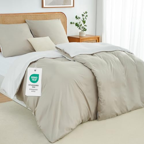 Duvetnova Bettwäsche 135x200 4teilig Beige/Weiß Bettwäsche-Sets Superweiche Microfaser ÖKO-TEX Wendebettwäsche 135 x 200 4tlg, 2 Bettbezüge 135 x 200 + 2 Kissenbezüge 80x80 mit Reißverschluss